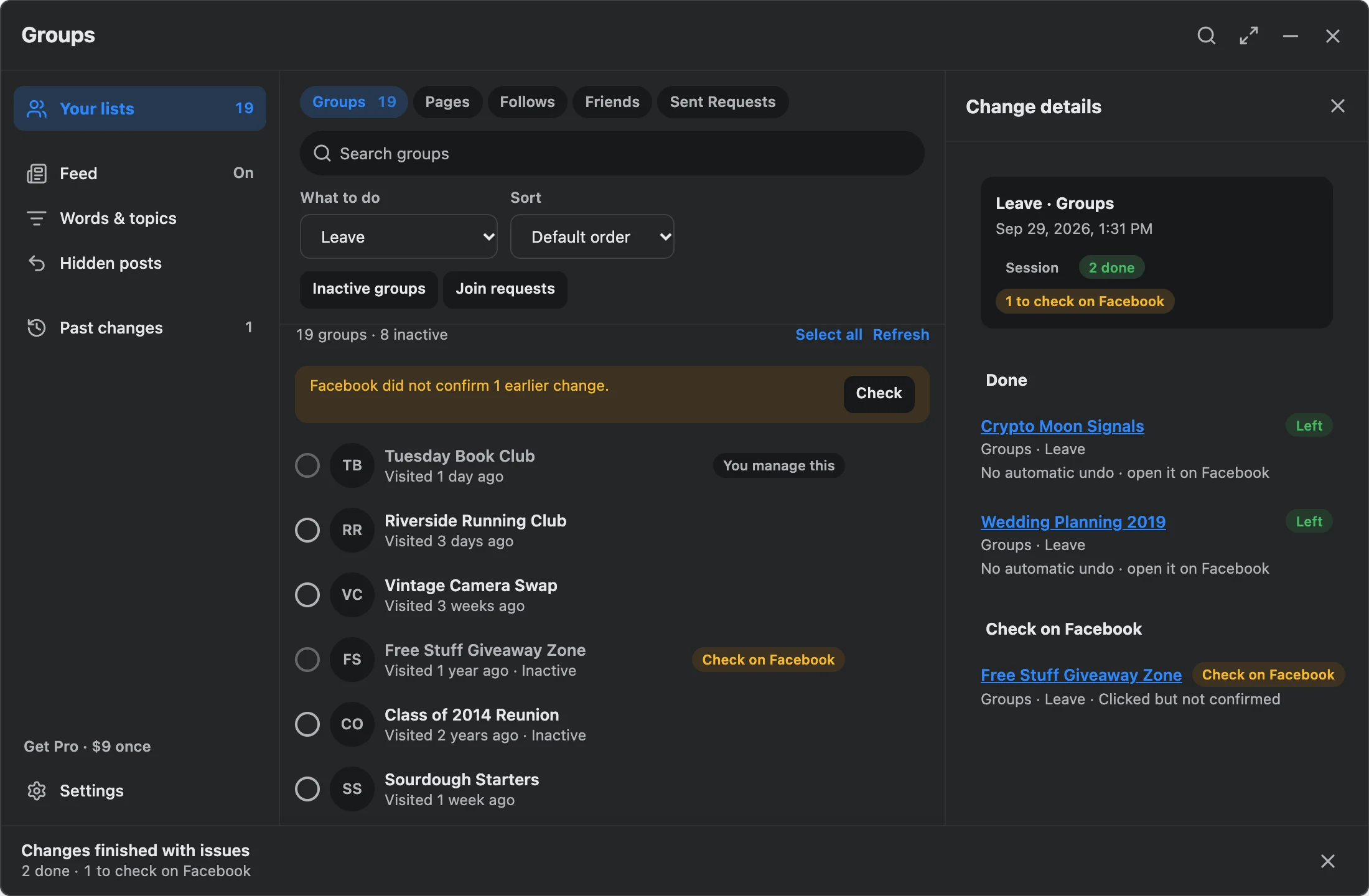 Change details in Facebook dark mode: Crypto Moon Signals and Wedding Planning 2019 left, and Free Stuff Giveaway Zone is listed under Check on Facebook.