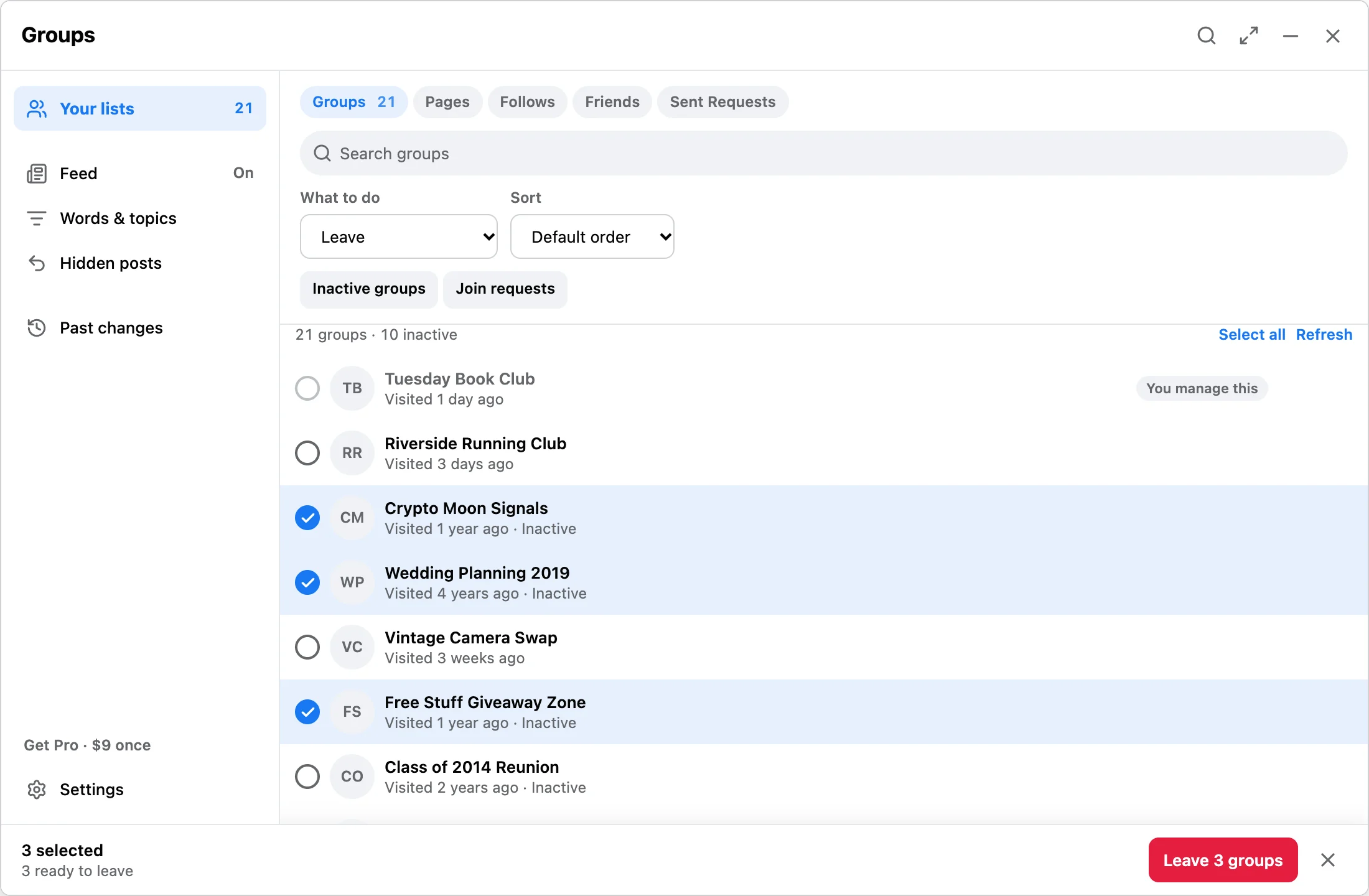 The Groups list with three inactive groups selected: Crypto Moon Signals, Wedding Planning 2019, and Free Stuff Giveaway Zone. The bar reads 3 selected, 3 ready to leave.