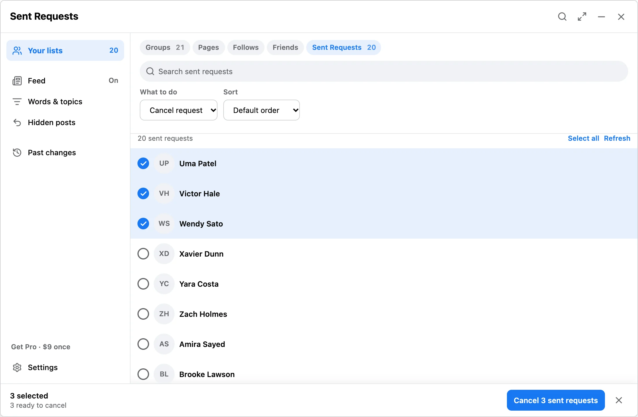 The Sent Requests list with Cancel Request chosen and three illustrative requests selected. The bar reads 3 selected, 3 ready to cancel sent request.