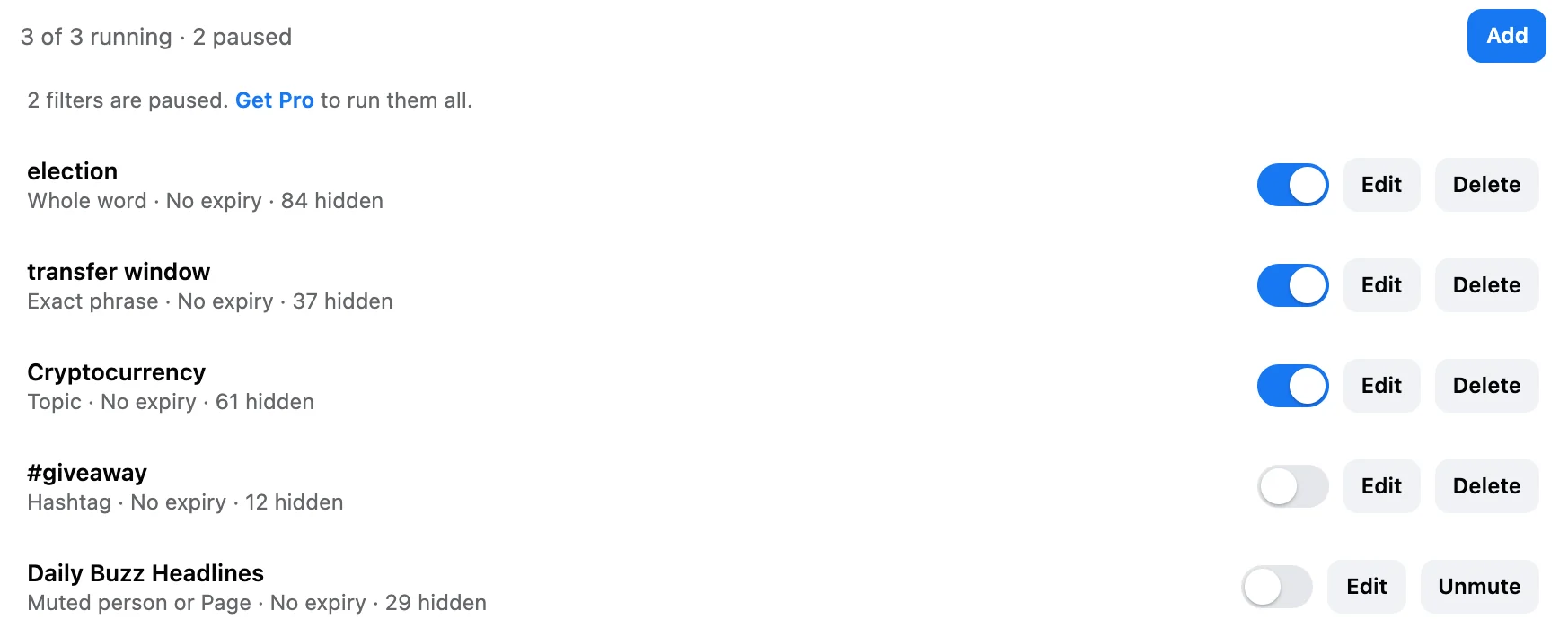 Words and topics with three filters running (election, transfer window, Cryptocurrency) and two paused.