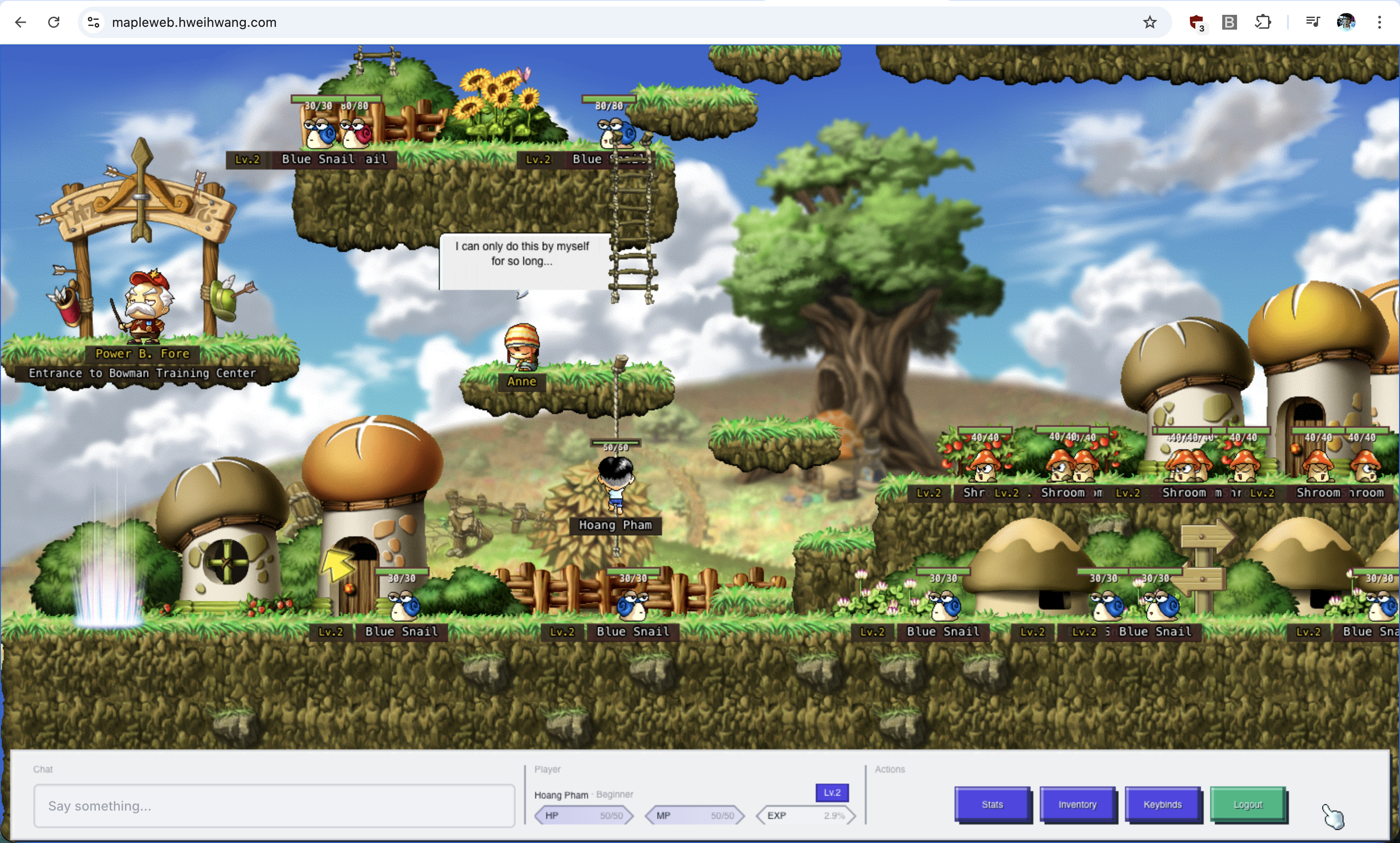 MapleWeb gameplay screenshot showing a MapleStory-inspired map with monsters, platforms, and UI