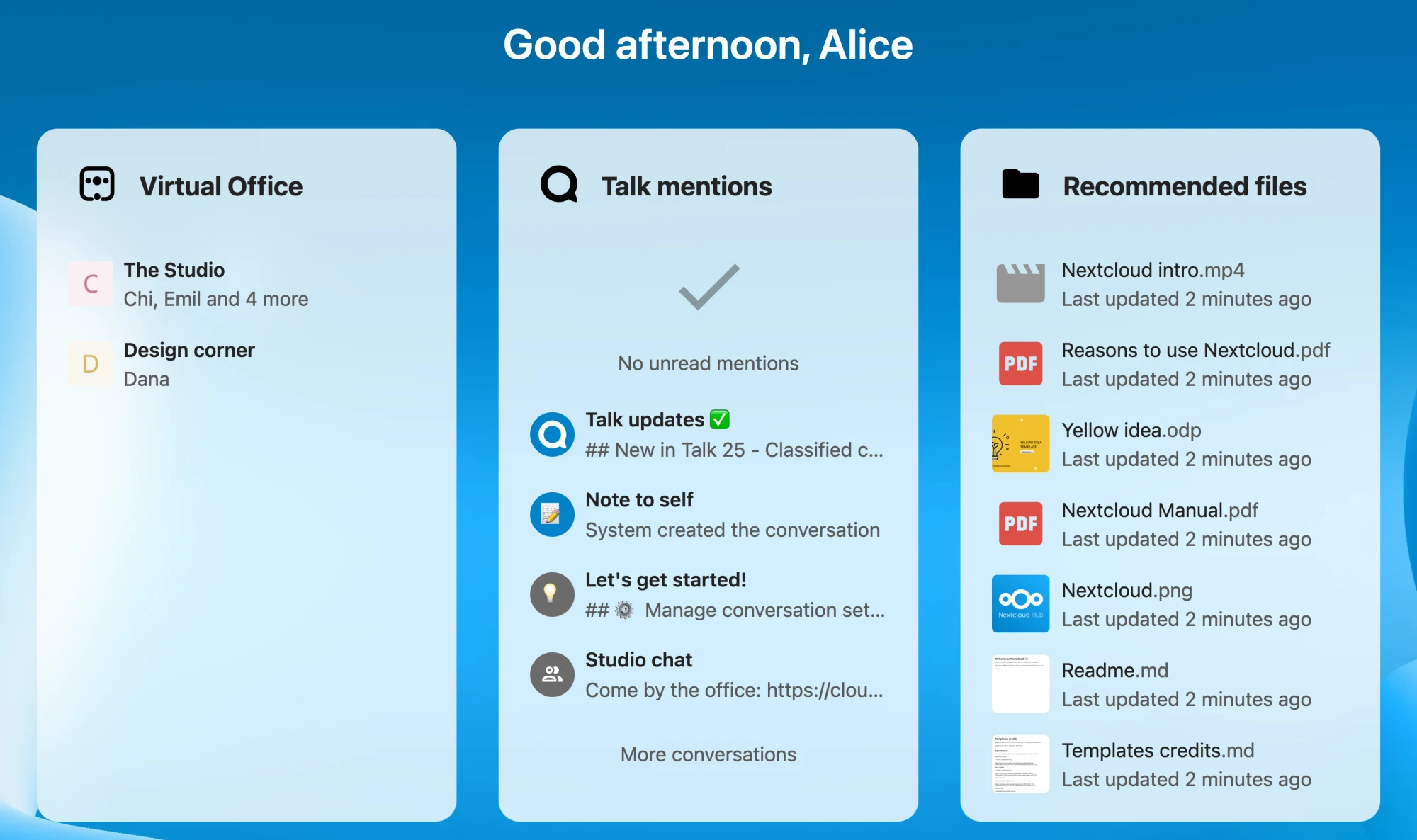 The Nextcloud Dashboard with the Virtual Office widget: The Studio with Chi, Emil and more inside, and Design corner with Dana