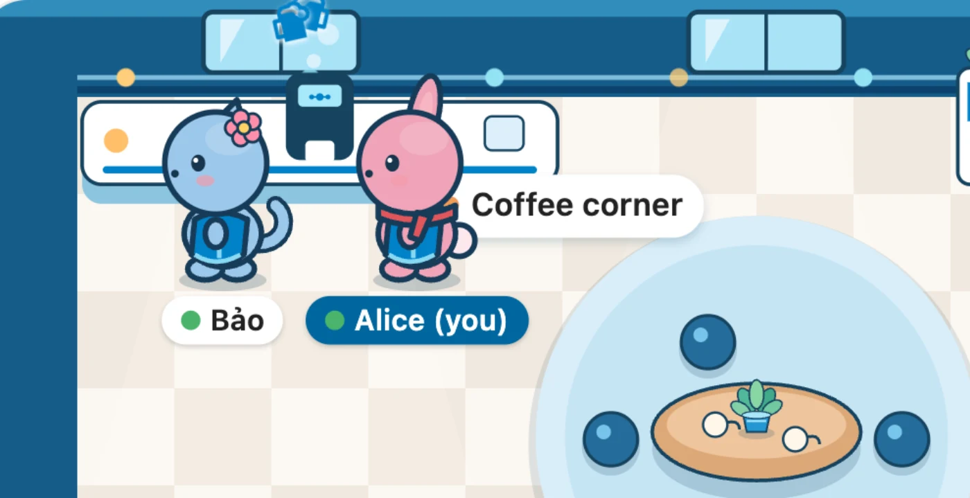 Alice and Bảo at the coffee machine, clinking their cups