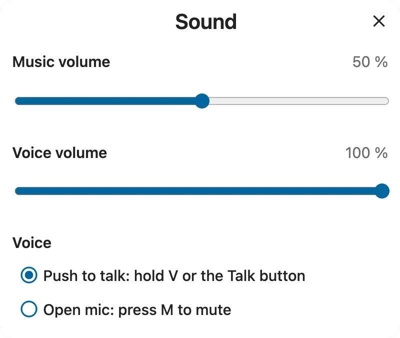 The Sound dialog: music volume, voice volume, and the choice between push to talk with V and an open mic muted with M