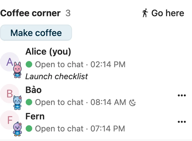 The coffee corner list: Alice at 02:14 PM, Bảo at 08:14 AM with a moon, and Fern at 07:14 PM