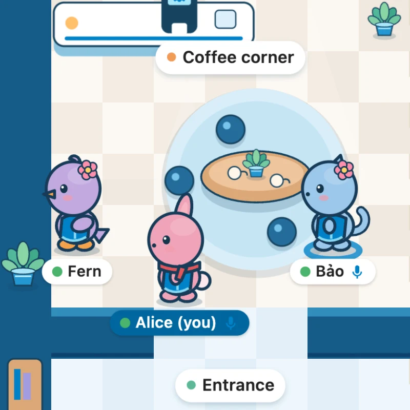 Bảo talks in the coffee corner, with a ring under his feet, and Alice hears him; both show a microphone on their name tags
