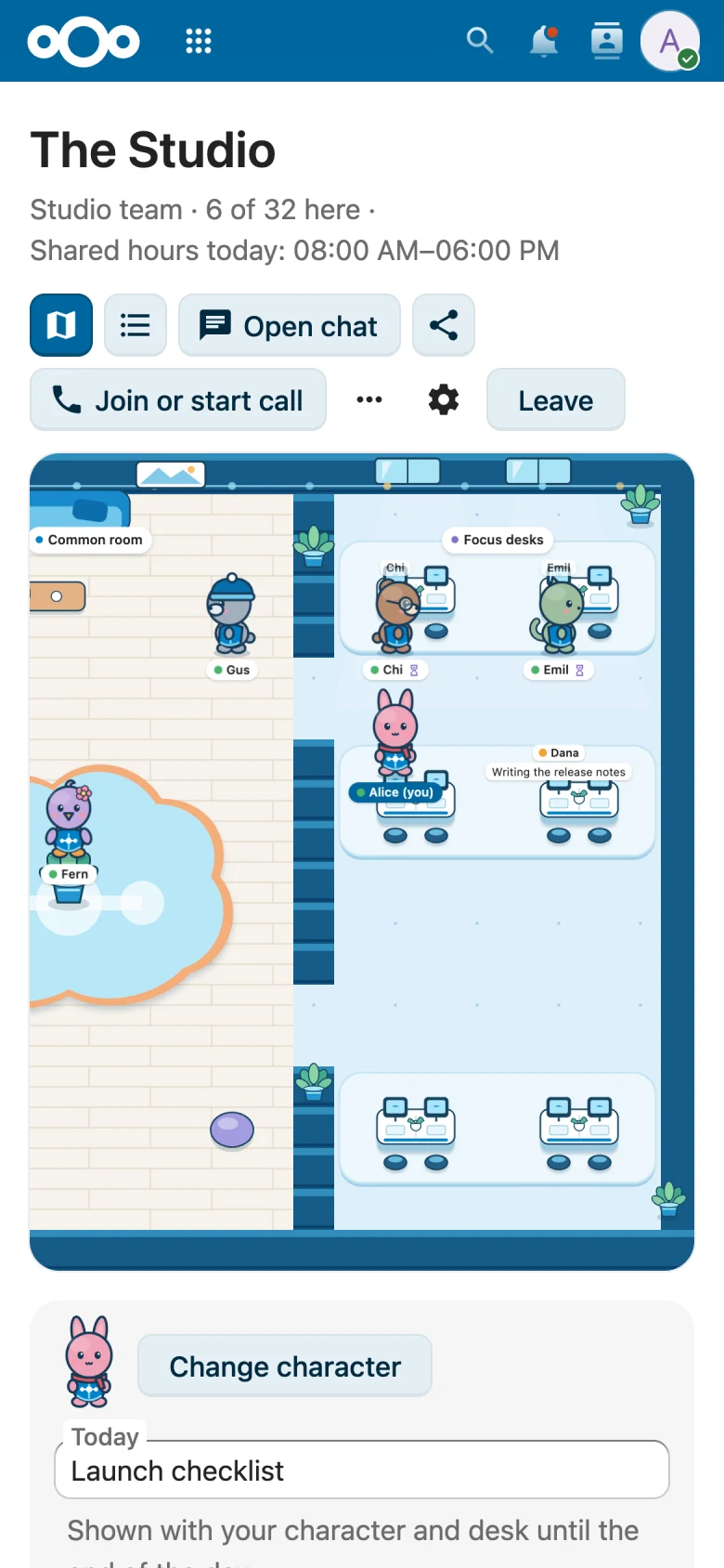 Virtual Office on a phone: The Studio map with the people inside