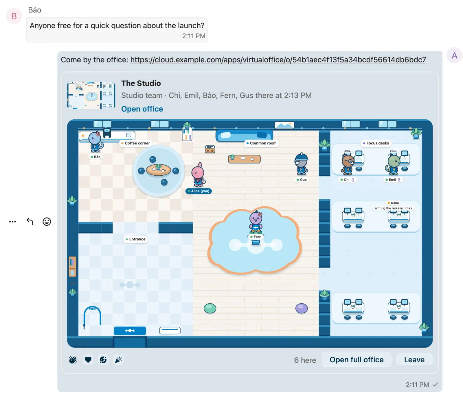 The Studio chat in Nextcloud Talk. Bảo asks who is free for a quick question, Alice shares the office, and the office card below shows everyone inside with reaction buttons, Open full office and Leave.