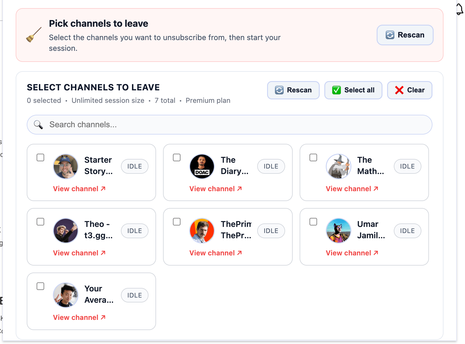 YouTube Bulk Leaver popup with selected channels and live status pills